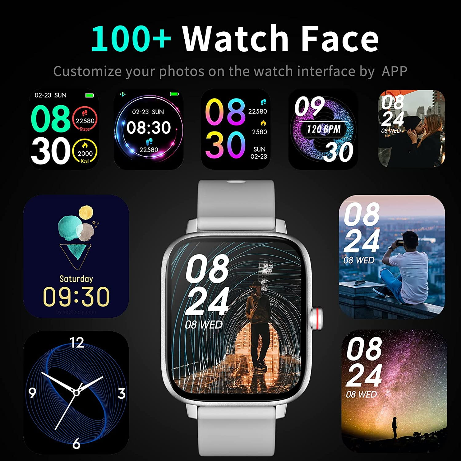 Eine Smartwatch, die verschiedene Zifferbl ätter anzeigt. Die Uhr hat ein weißes Armband.