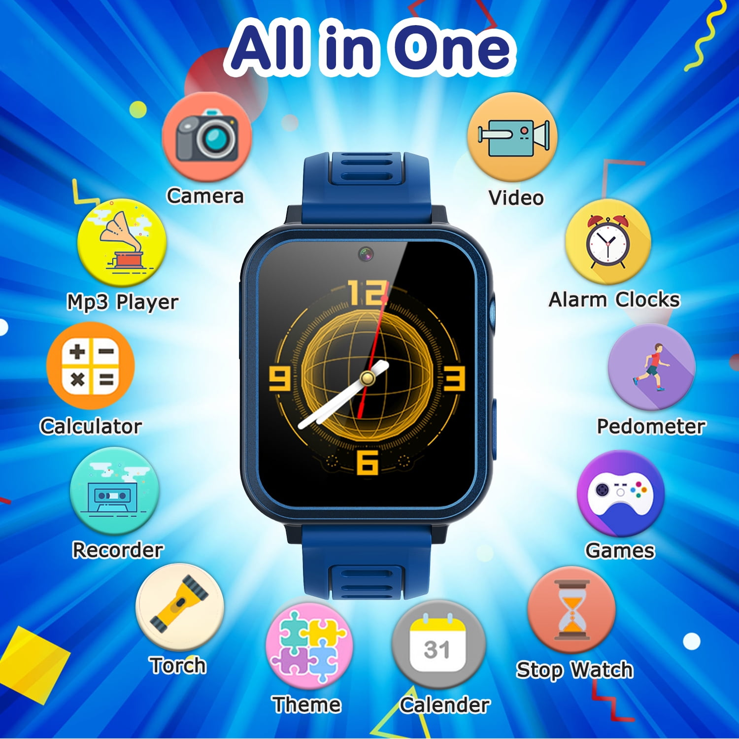 Blaue Smartwatch mit Symbolen für Kamera, Video, MP3, Taschenrechner, Rekorder, Taschenlampe, Thema, Kalender, Stoppuhr.