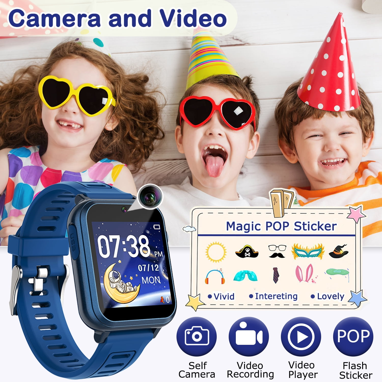 Drei Kinder mit bunten Accessoires und einer Smartwatch. Aufkleber und eine blaue Smartwatch im Vordergrund.