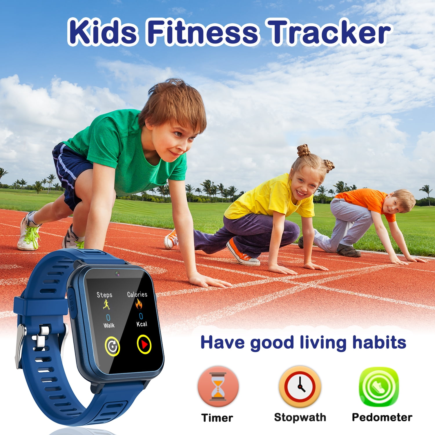 Fitness-Tracker für Kinder mit Kindern, die auf einer Rennstrecke spielen, und Symbolen für Timer, Stoppuhr und Schrittzähler.