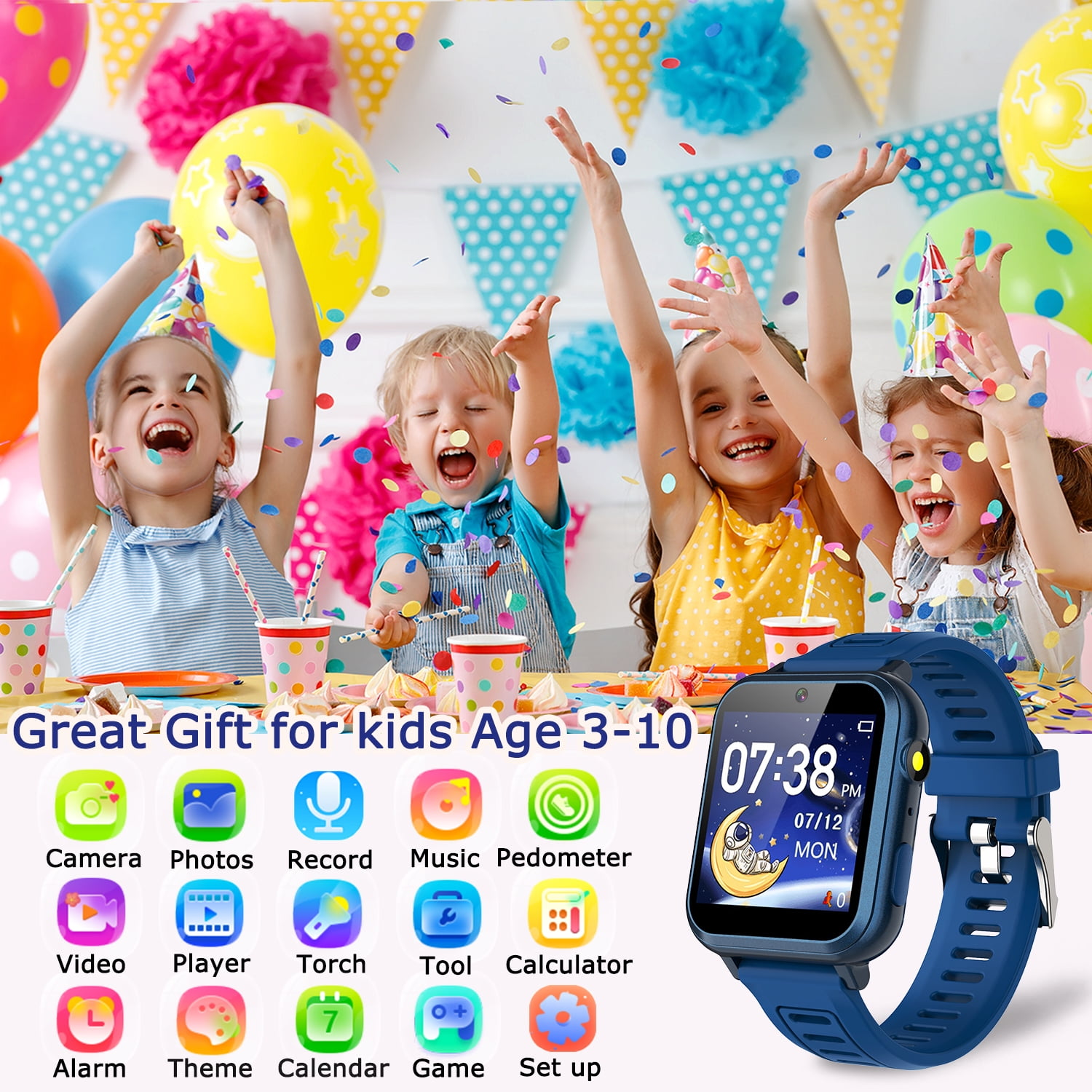 Kinder-Smartwatch mit Bildschirm, der Zeit und Symbole anzeigt. Vier Kinder sind aufgeregt.