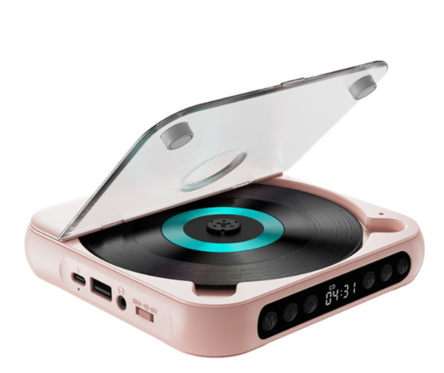 Rosa CD-Player mit geöffneter durchsichtiger Abdeckung. Eine Disc im Inneren. Anzeige zeigt die Zeit. Weißer Hintergrund.