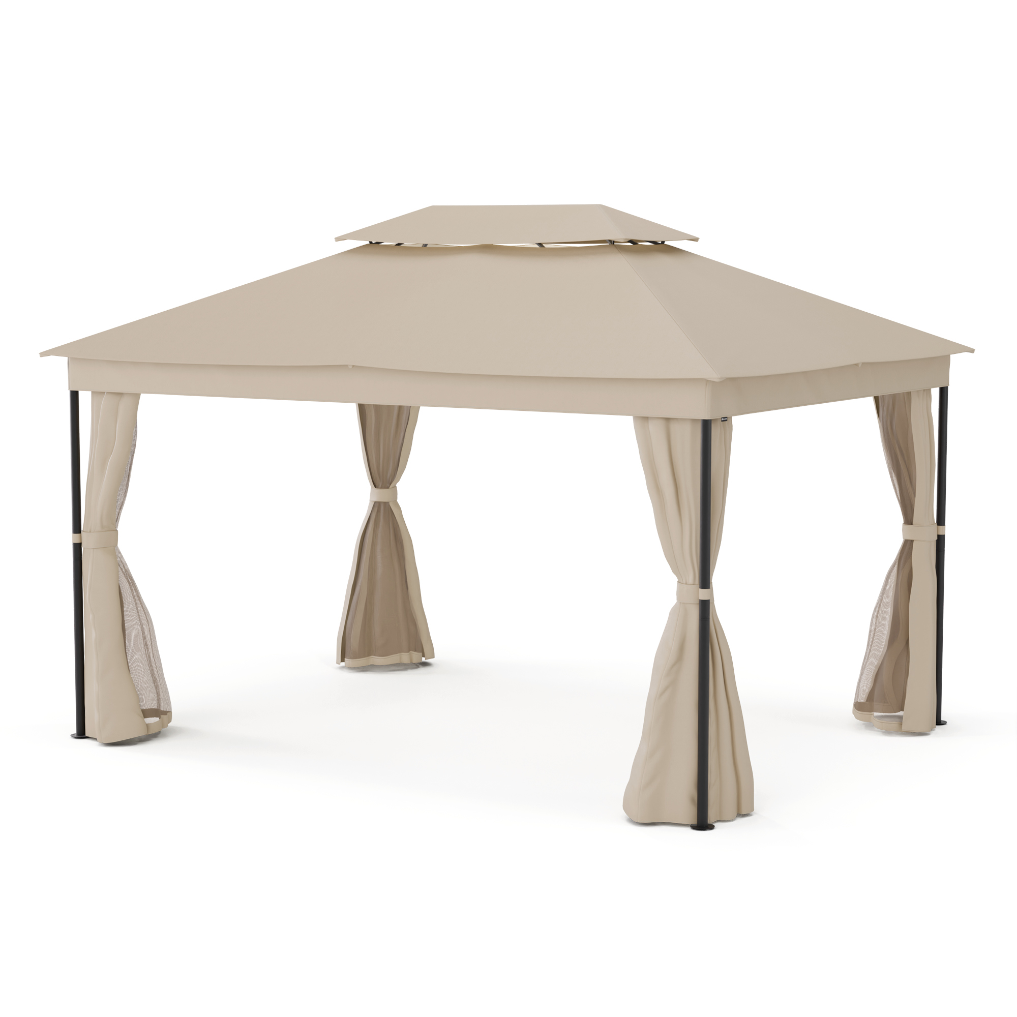 Cenador beige con techo en capas, cortinas y vigas de soporte negras. Fondo blanco.