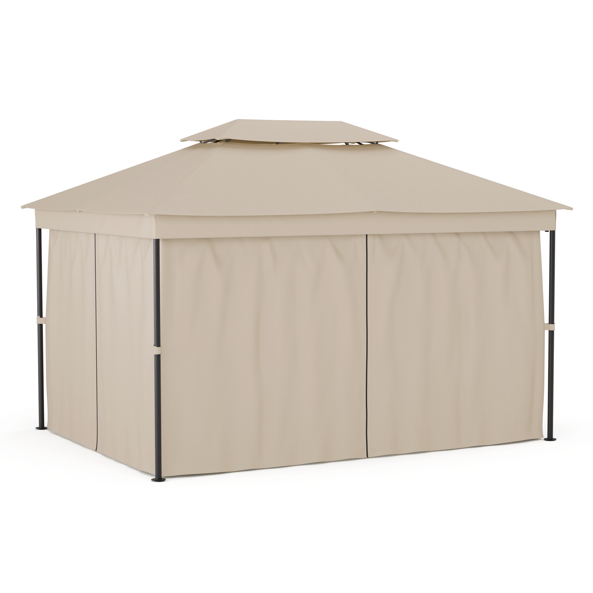 Un cenador color beige con techo de dos niveles, cortinas cerradas y postes negros.