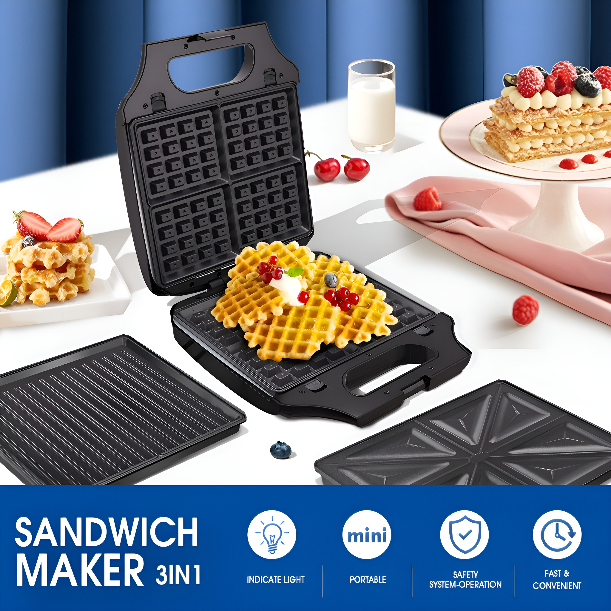 Ein Sandwichmaker mit Waffeln und Zubehör, mit einem gedeckten Tisch mit Essen.