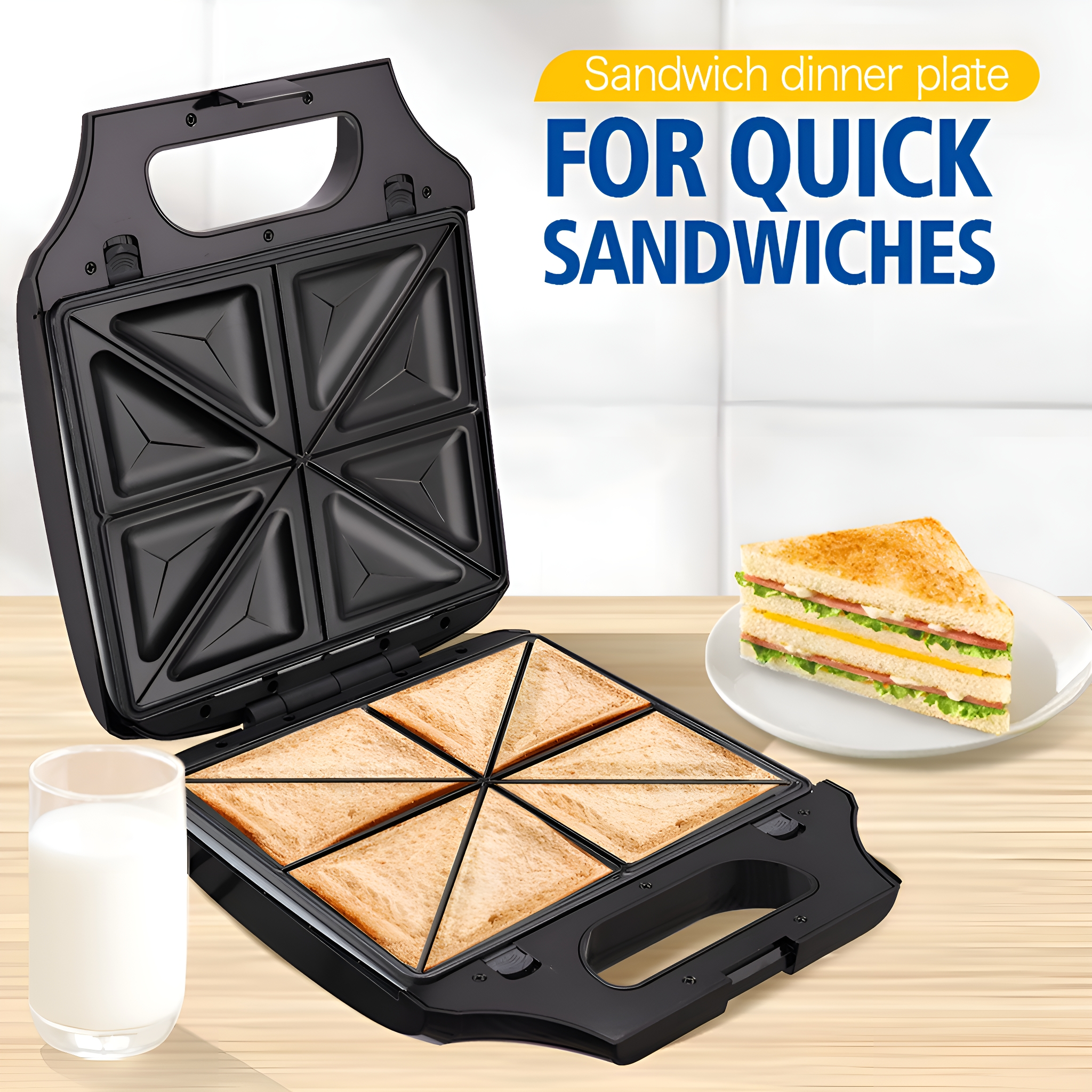 Sandwichmaker mit Sandwiches, einem Glas Milch und Text. Der Maker ist geöffnet, mit Brot gefüllt.
