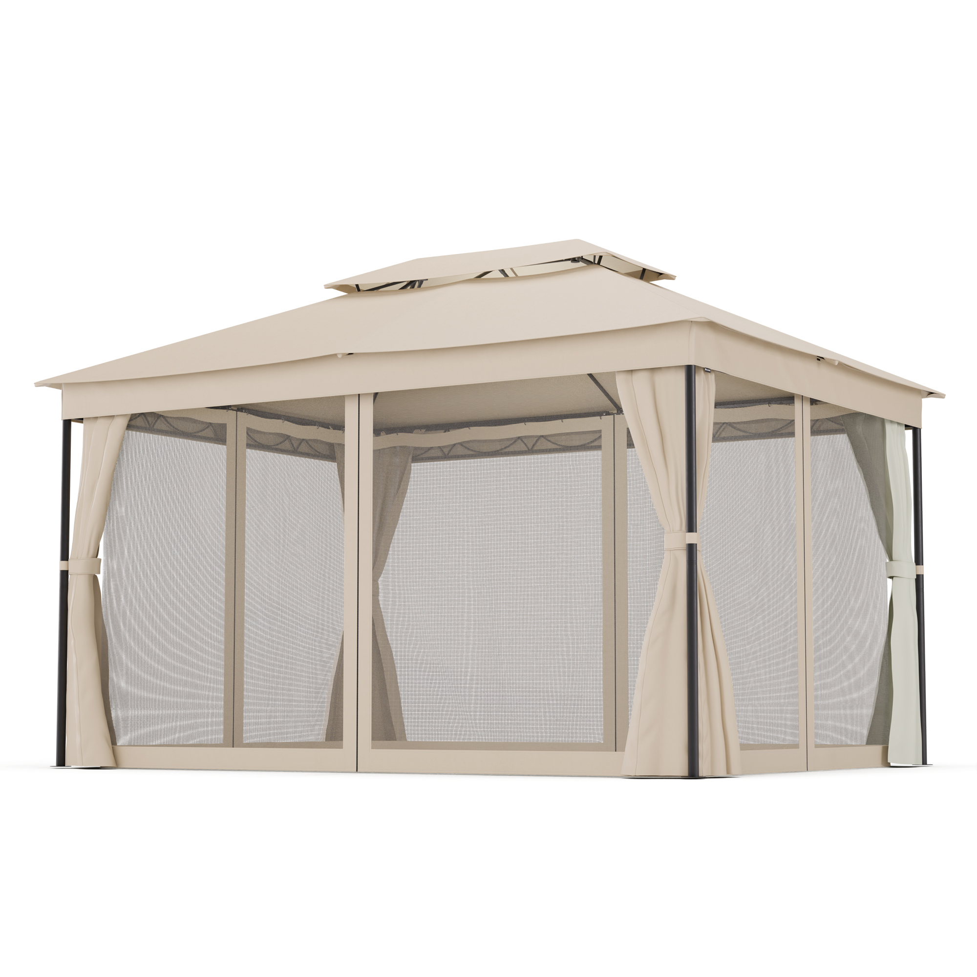 Cenador beige con paredes de malla y cortinas, fondo blanco.