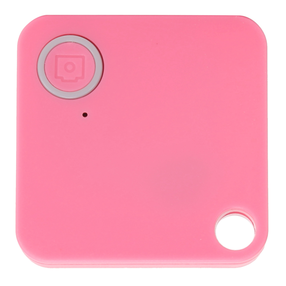 Rosa quadratischer Tracker mit Knopf und Loch. Ein kleiner Punkt ist sichtbar.