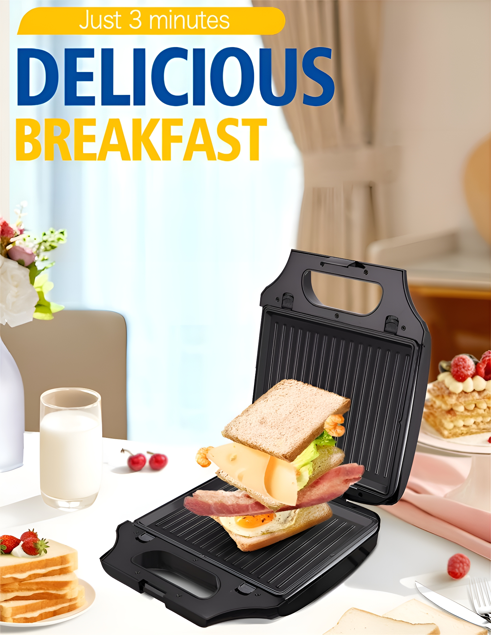 Sandwichmaker mit Zutaten. Text: Leckeres Frühstück, 3 Minuten. Glas Milch und Gebäck.