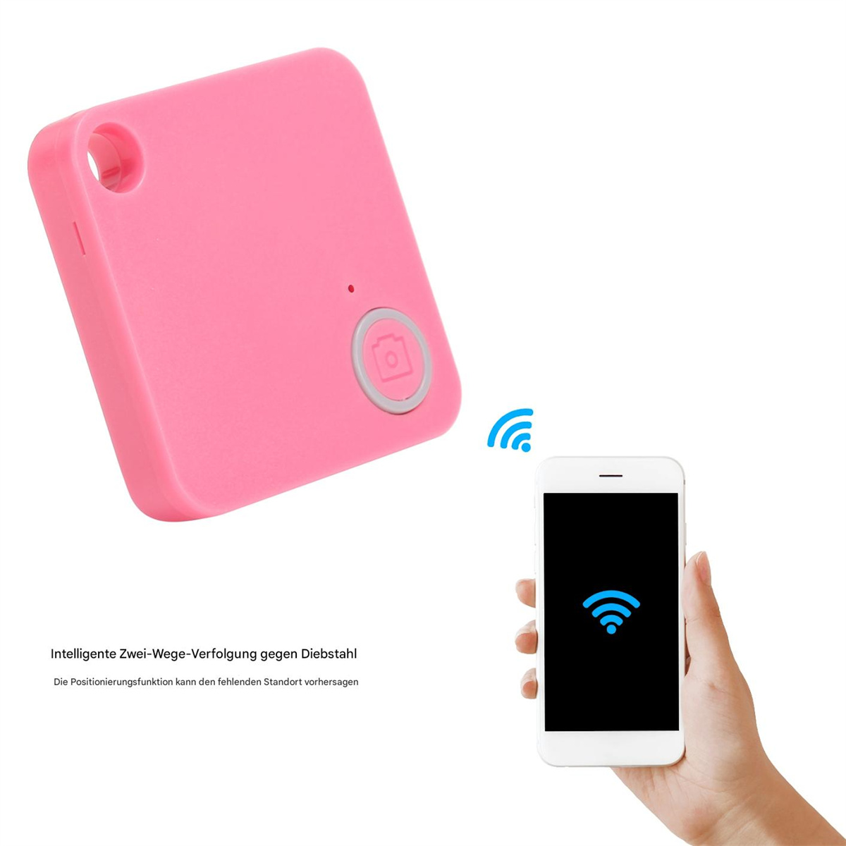 Rosa quadratisches Gerät mit Knopf und Telefon. Zeigt ein Ortungsgerät und ein Telefonsymbol.