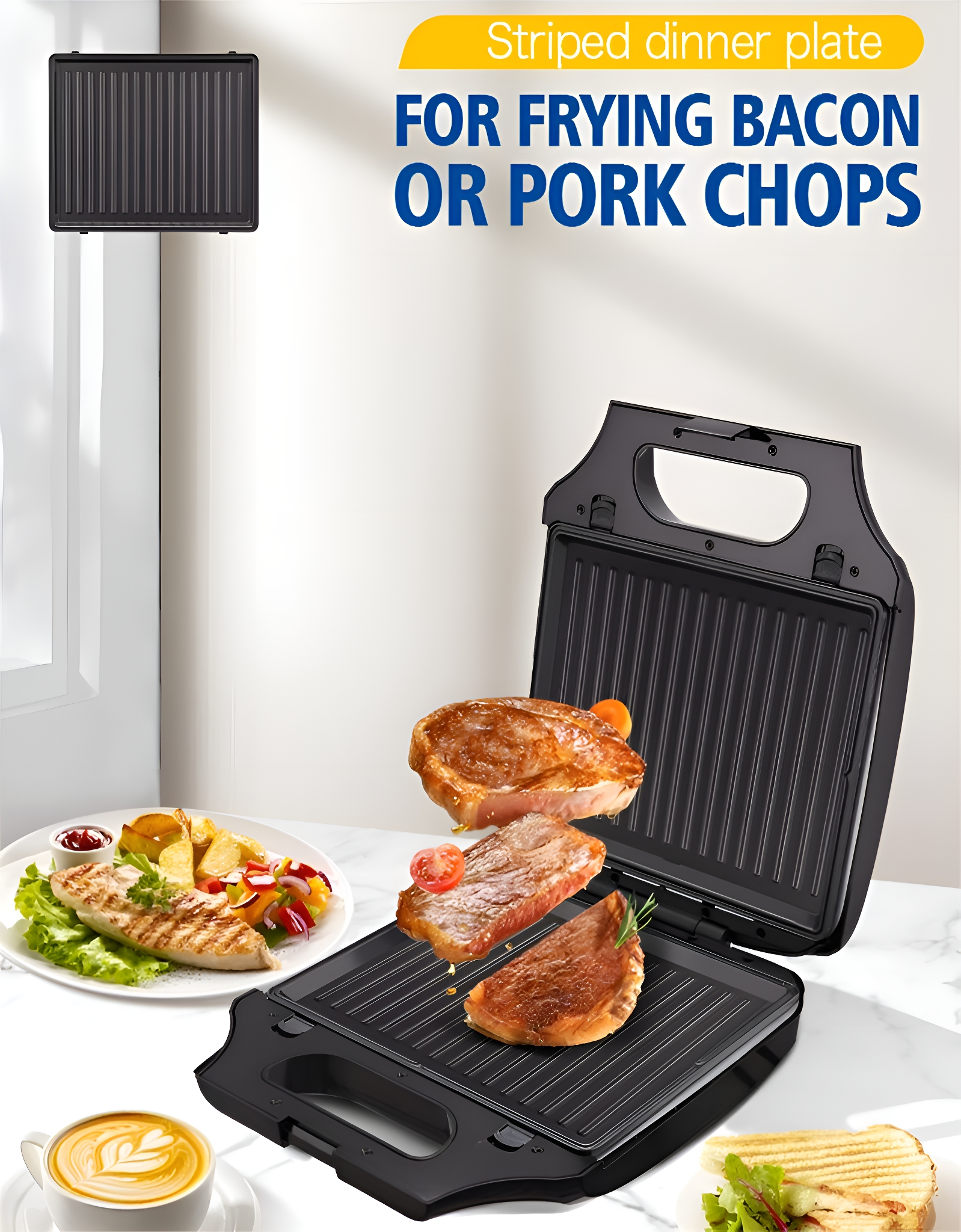 Grill mit Speck und Schweinekoteletts, plus gekochtes Essen neben dem Grill.