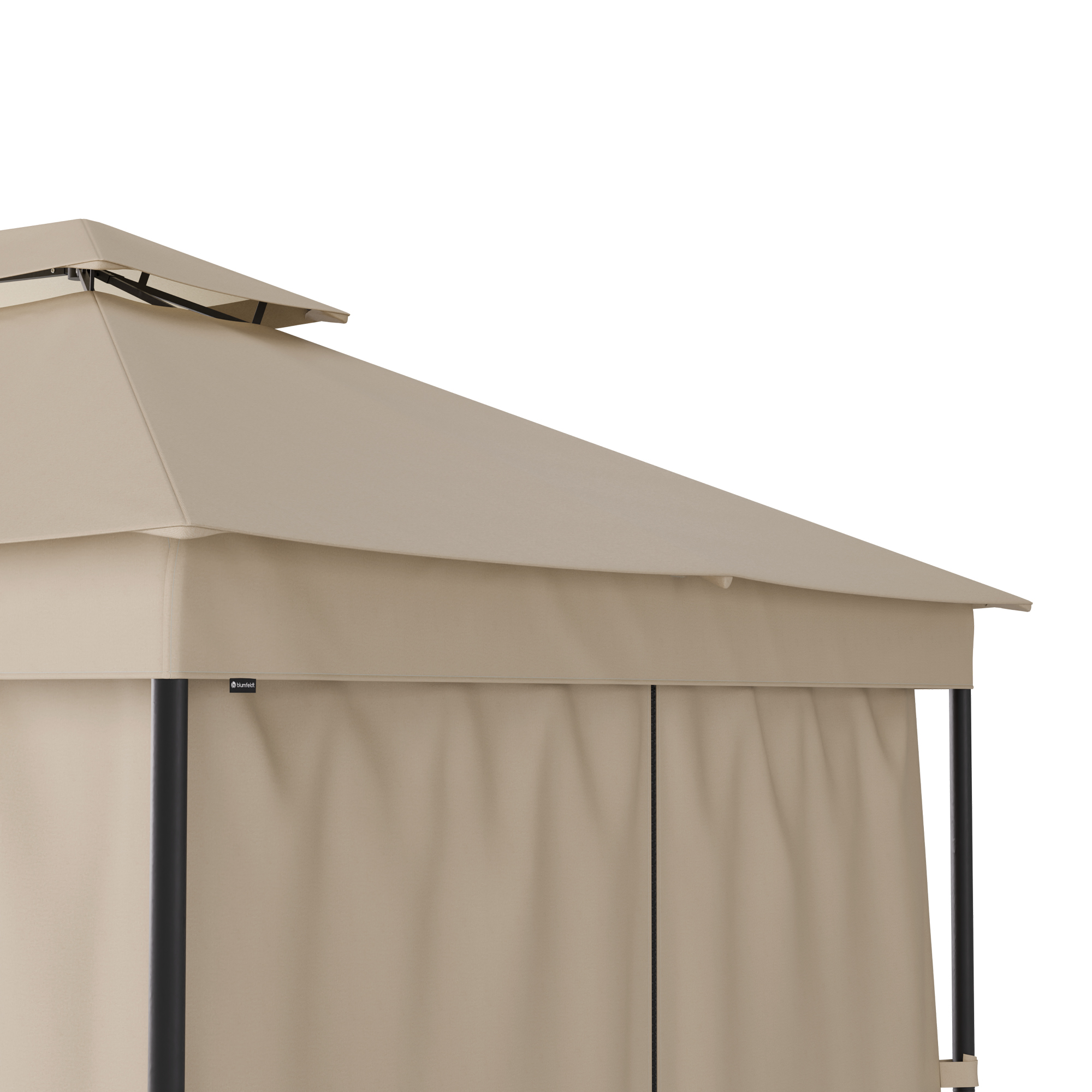 Techo de cenador beige, con ribete negro y cortinas laterales beige.