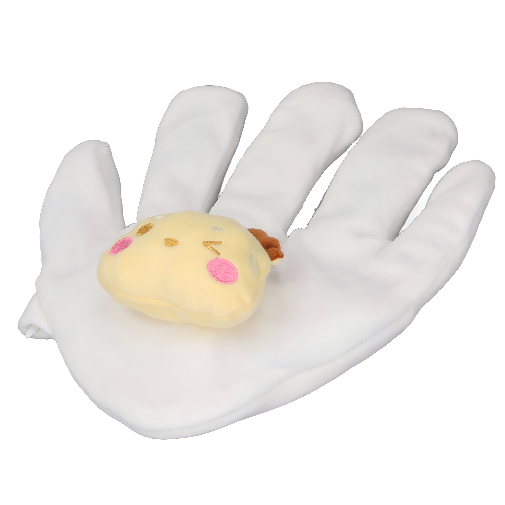 Ein weißer Handschuh, der ein gelbes Plüschtier mit lächelndem Gesicht hält.