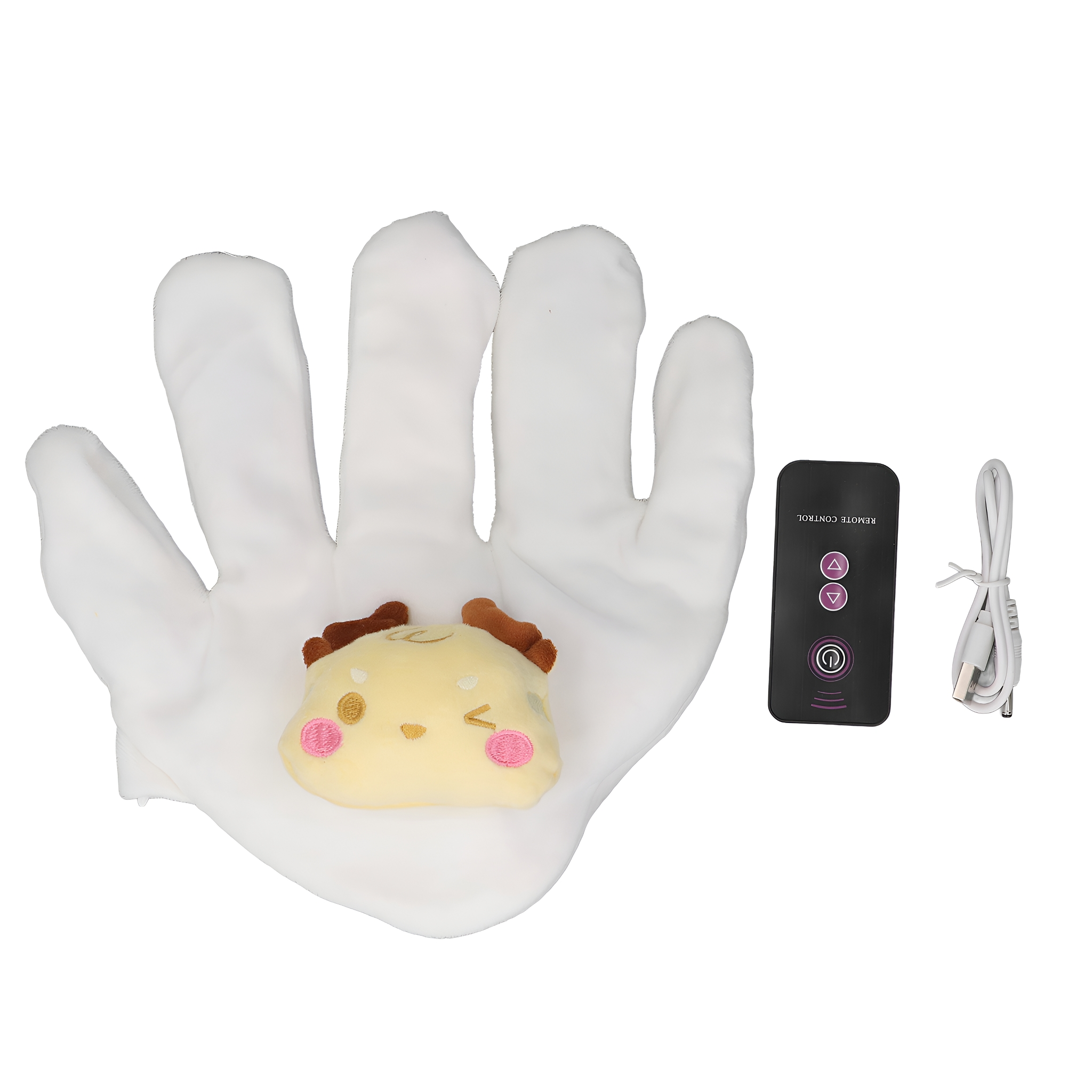 Weißer Handschuh, der ein kleines Plüschtier und eine Fernbedienung hält.