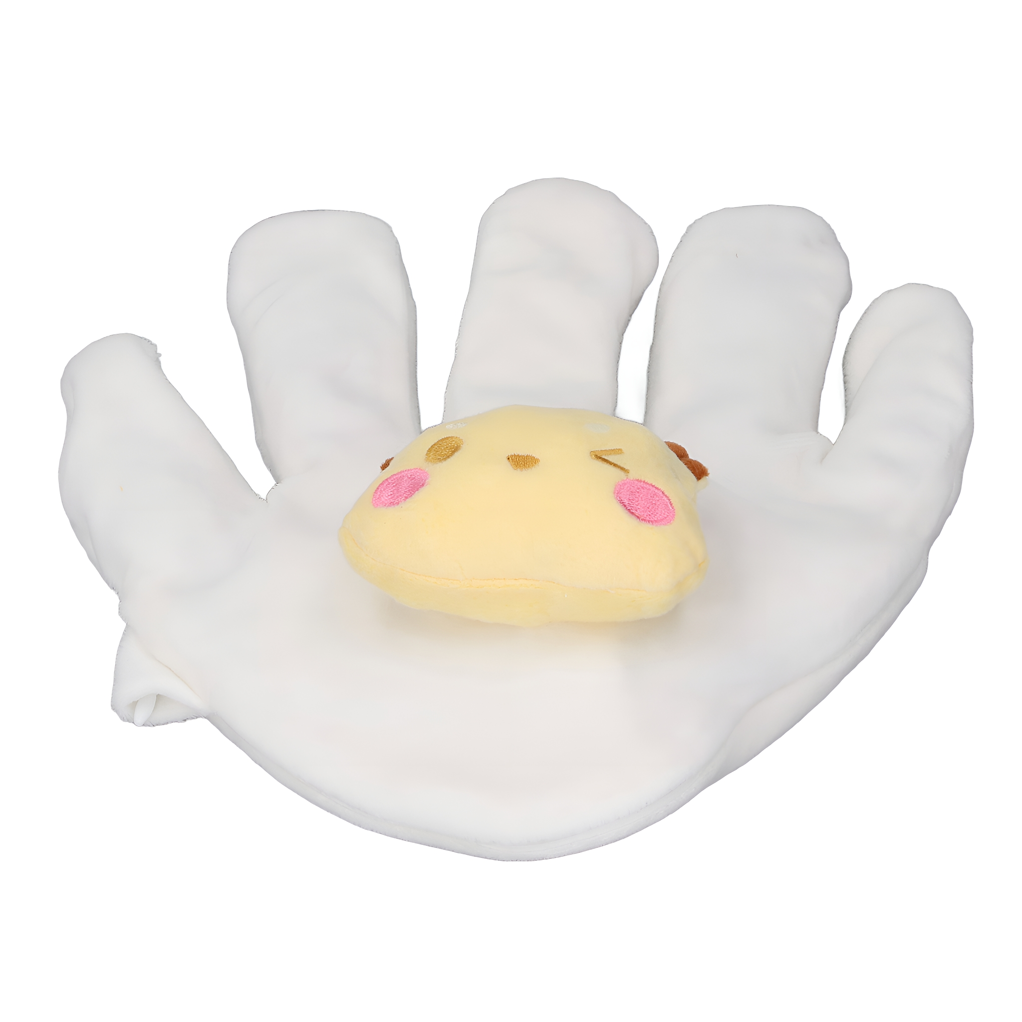 Ein weißes, handförmiges Plüschtier mit einem gelben Plüschtier darauf. Das gelbe Spielzeug hat ein Gesicht.