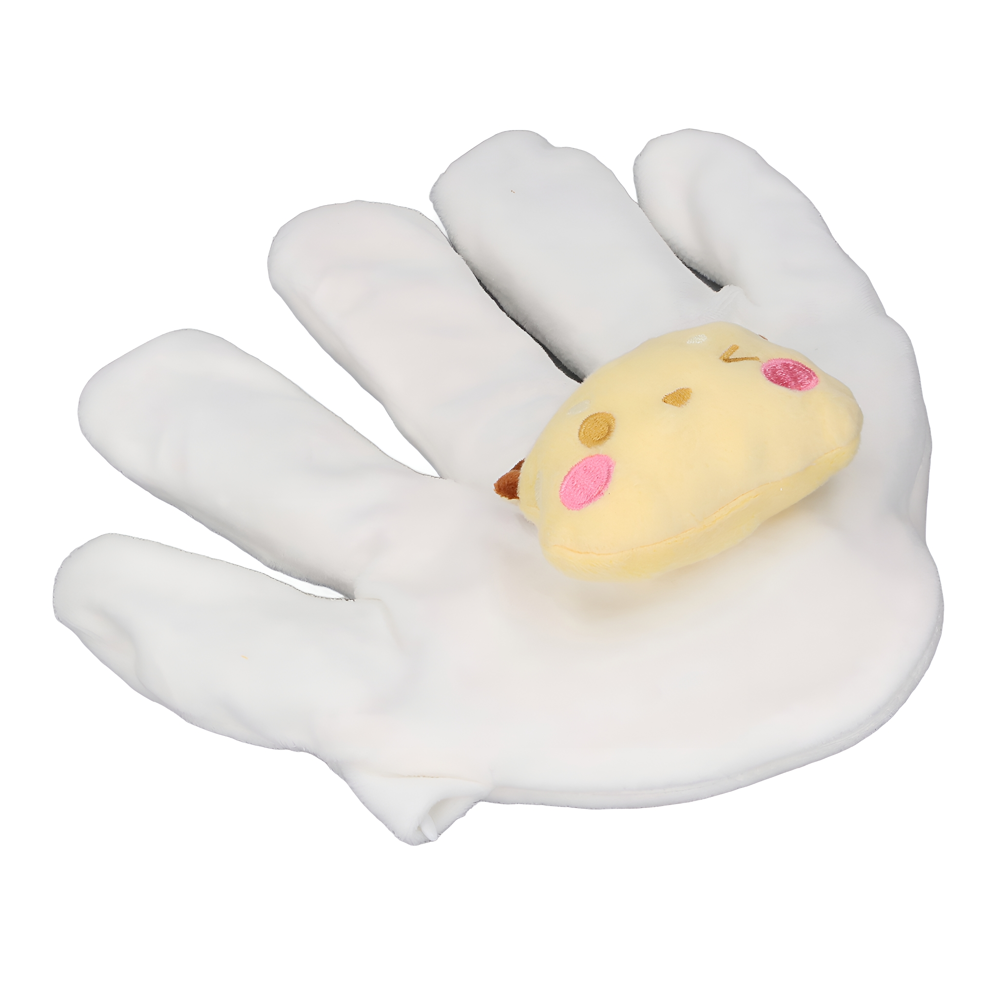 Ein weißer Handschuh, der ein gelbes Plüschtier hält.