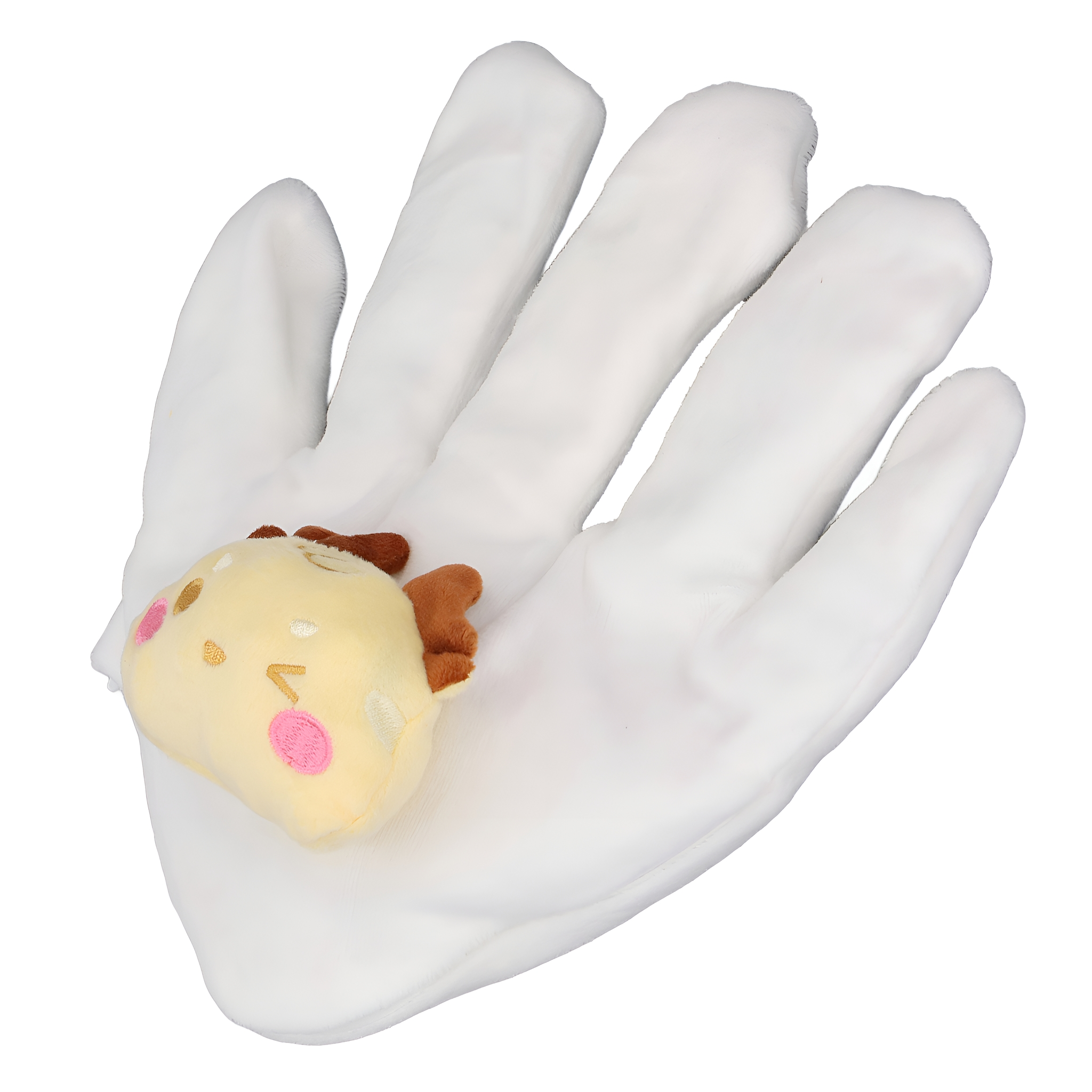 Eine weiße Hand, die ein kleines, gelbes Plüschtier hält.