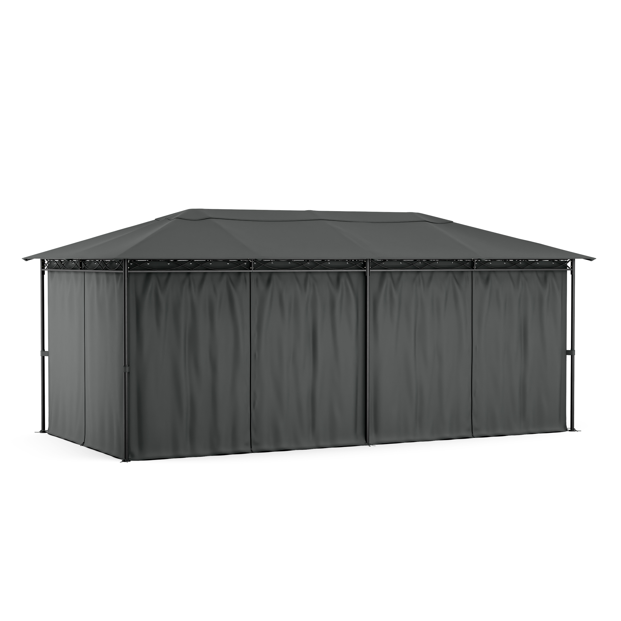 Un grande gazebo grigio scuro con tende, su sfondo bianco.