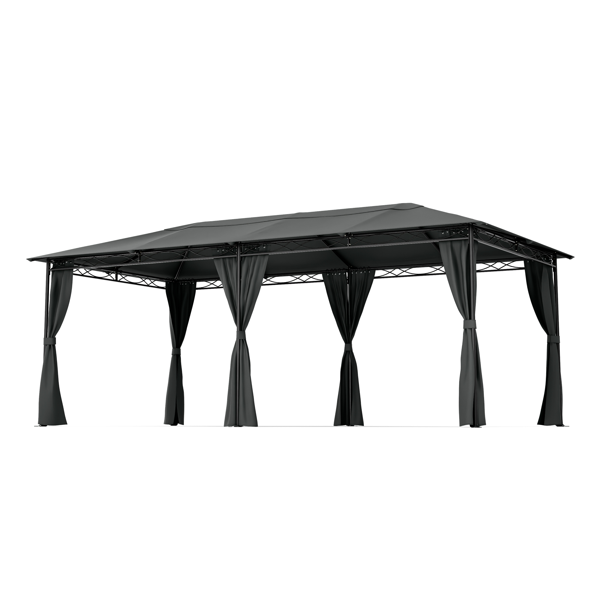 Gazebo nero per esterni con tende. Il gazebo ha una forma rettangolare.