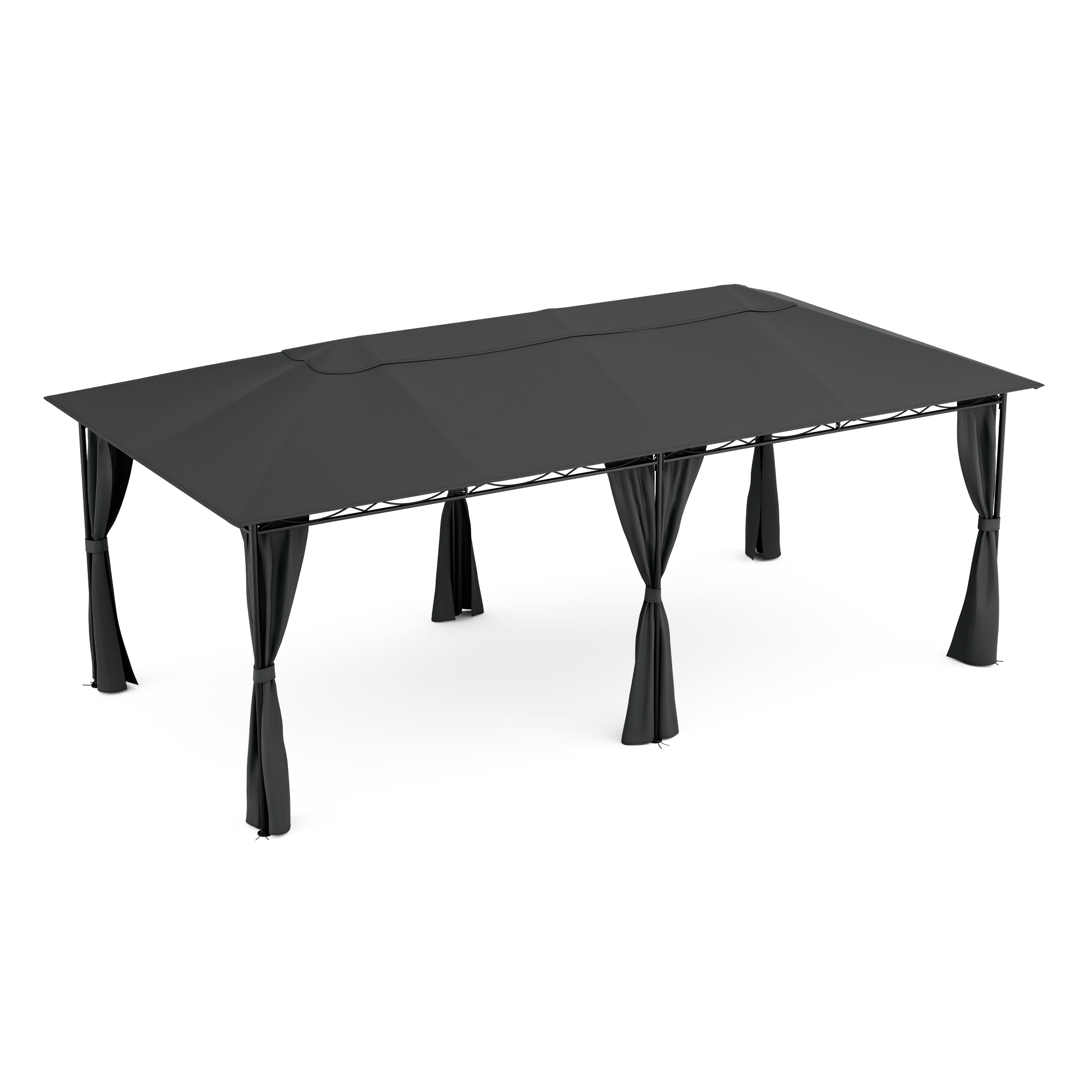 Un gazebo rettangolare nero con tende, su sfondo bianco. Vista dall'alto.