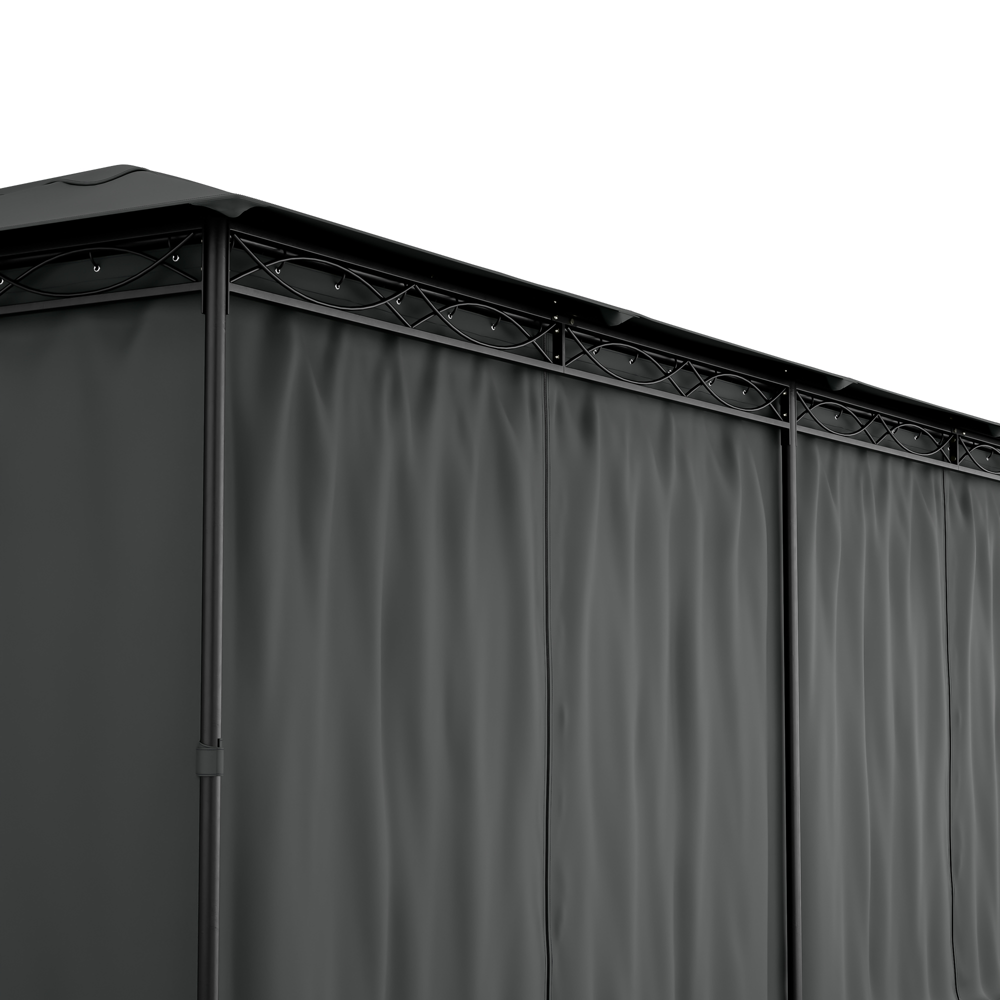 Tende nere per gazebo, con parte superiore decorativa, su sfondo bianco.