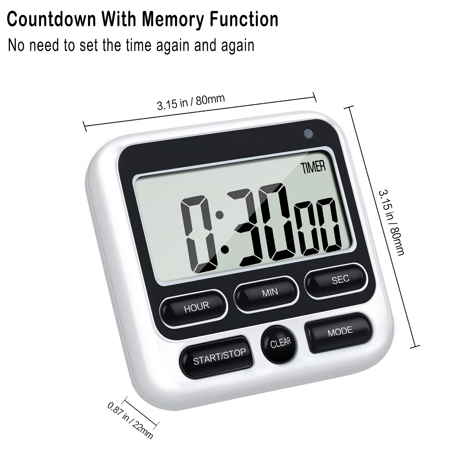 Ein weißer Timer mit Digitalanzeige für die Zeit und Knöpfen für Stunde, Min, Sek, Start/Stop.
