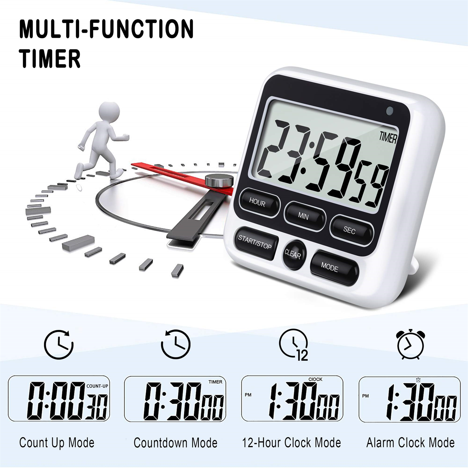 Weißer Digitaltimer mit schwarzen Knöpfen und Display. Eine laufende Figur und eine Uhr-Grafik sind ebenfalls vorhanden.