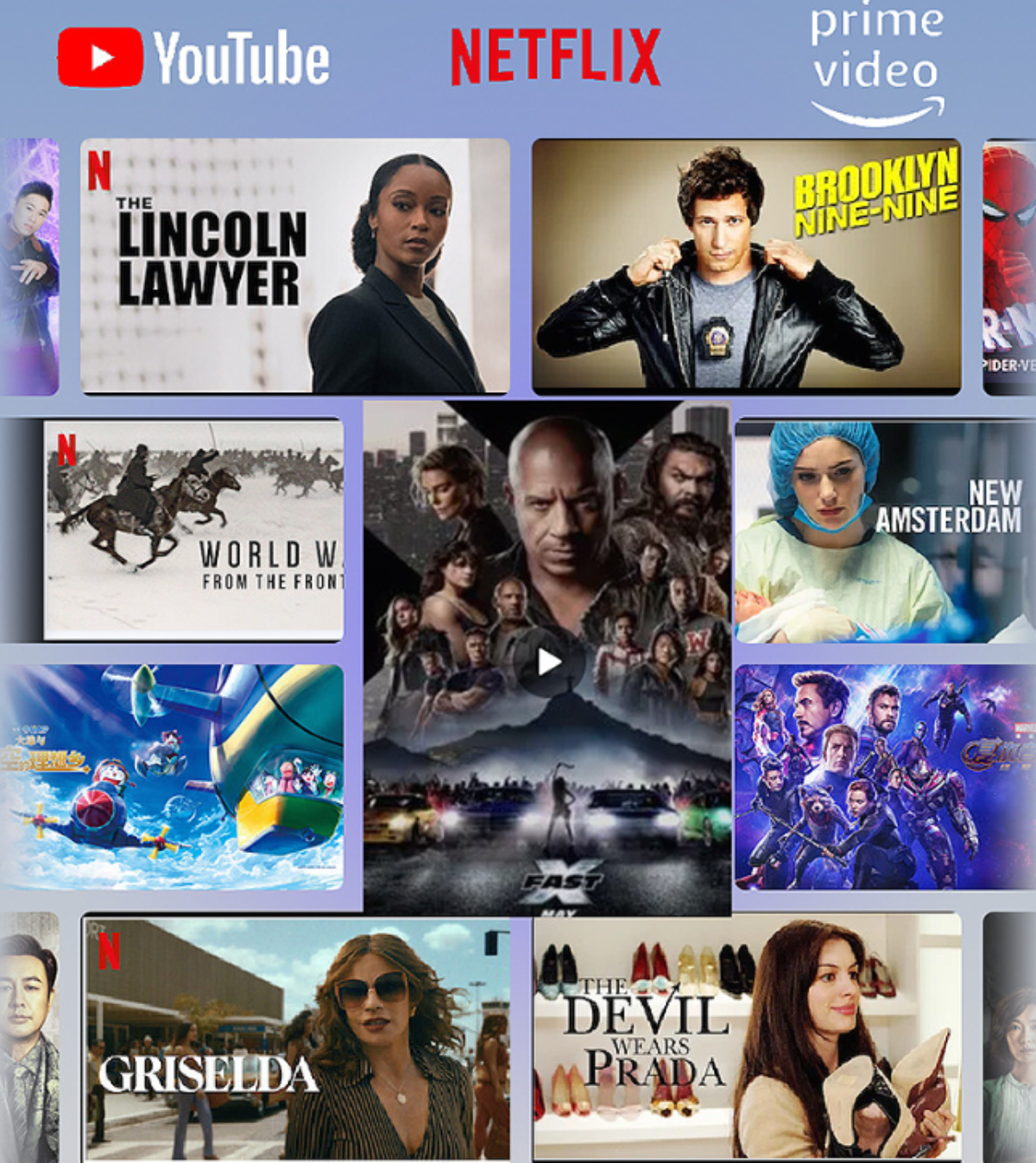 Verschiedene Film- und Fernsehplakat, einschließlich Netflix- und YouTube-Logos.