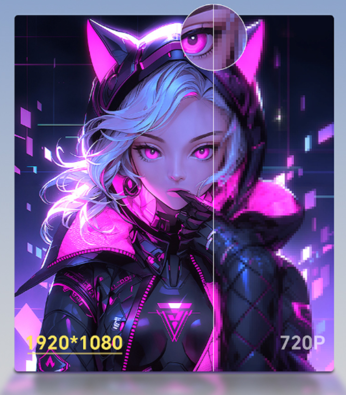 Anime-Mädchen mit rosa Augen, Kapuzenjacke und Detailvergrößerung des Auges.