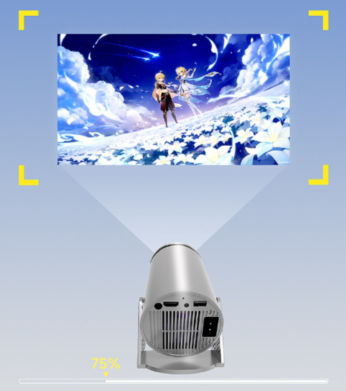 Ein Projektor zeigt ein Anime-Bild auf einer Leinwand. Der Projektor ist silbern und auf die Leinwand gerichtet.