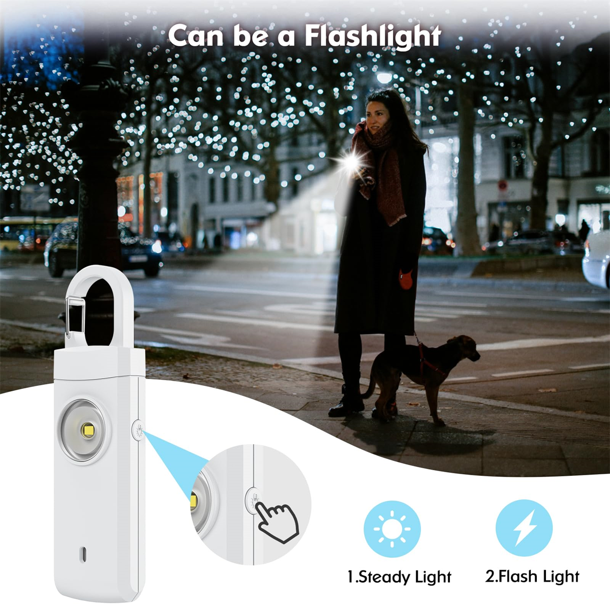 Eine Frau hält eine Taschenlampe in einer Stadt bei Nacht mit einem Hund. Text sagt "Kann eine Taschenlampe sein".