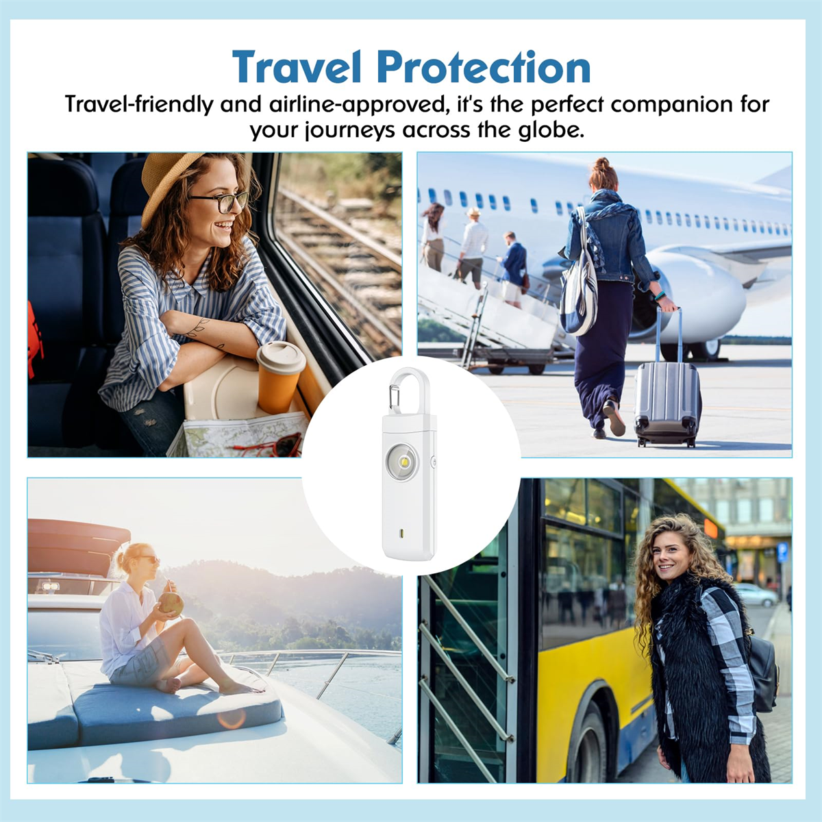 Collage mit einer Frau im Zug, Flugzeug, Bus und Yacht, mit Reise-Schutzgerät in der Mitte.