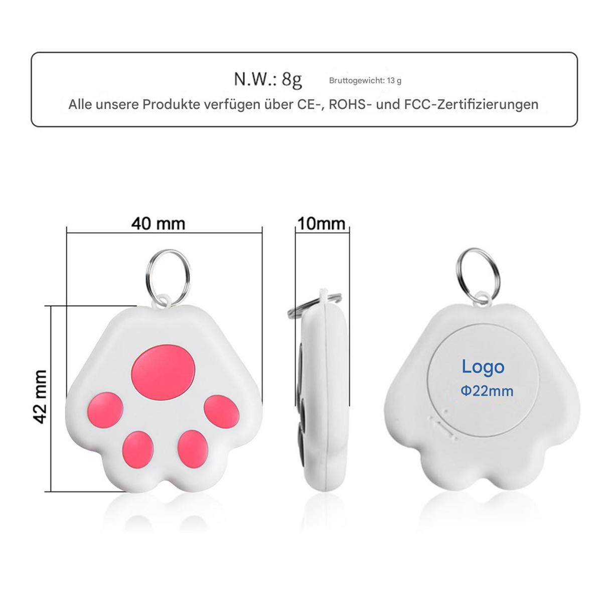 Weißer Pfoten-Haustier-Tracker mit rosa Pads und einem Ring.