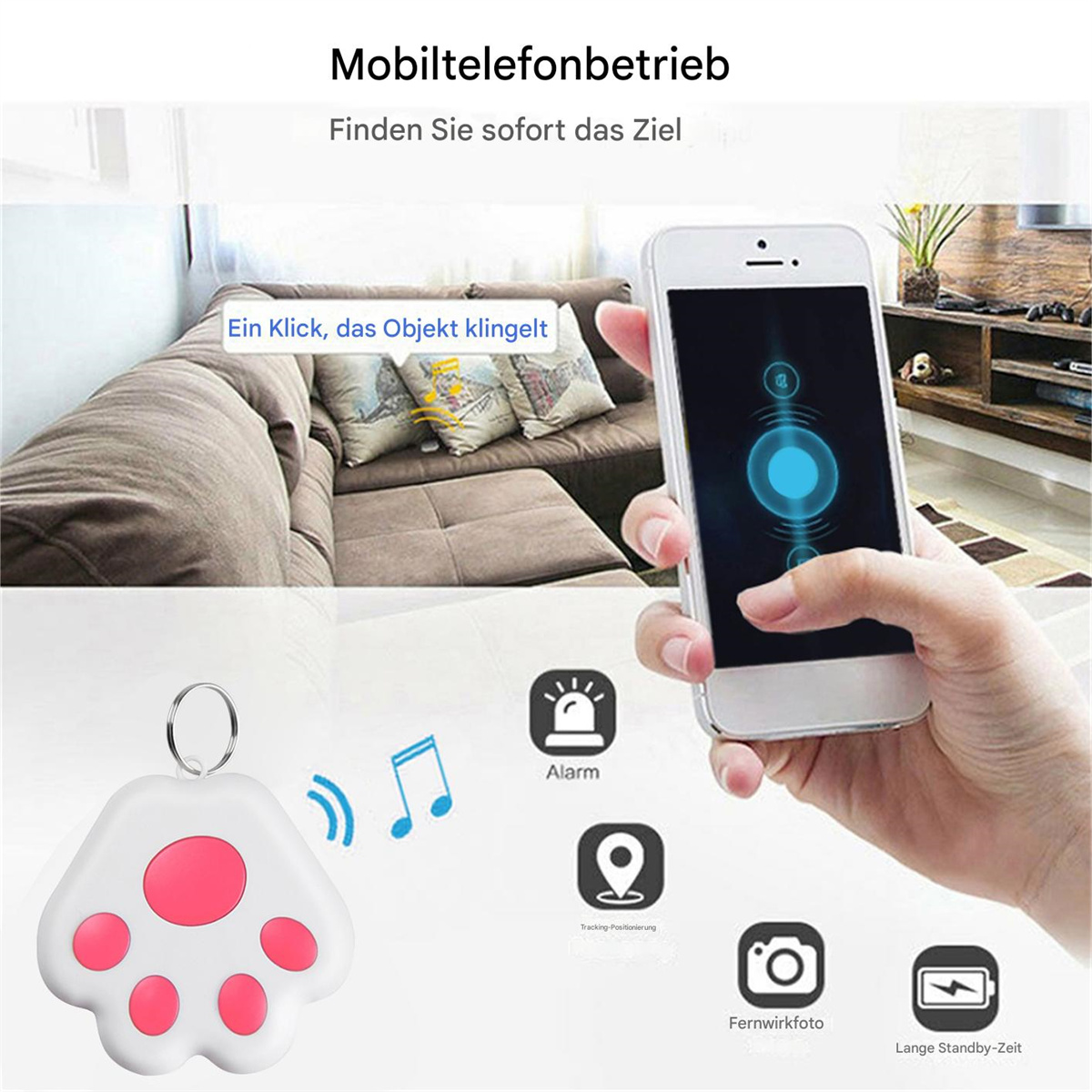 Ein Telefon mit einem pfotenförmigen Tracker. Eine Hand hält das Telefon über einer Heimszene.