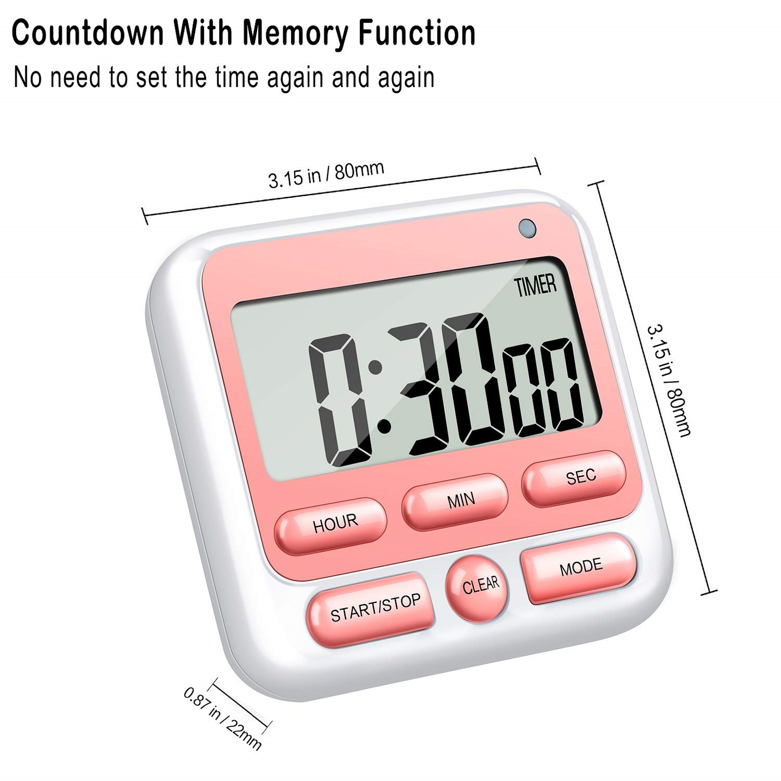 Rosa-weißer digitaler Küchentimer mit Anzeige 0:30.00, mit Tasten für Stunde, Min, Sek, Start/Stopp, Löschen und Modus.