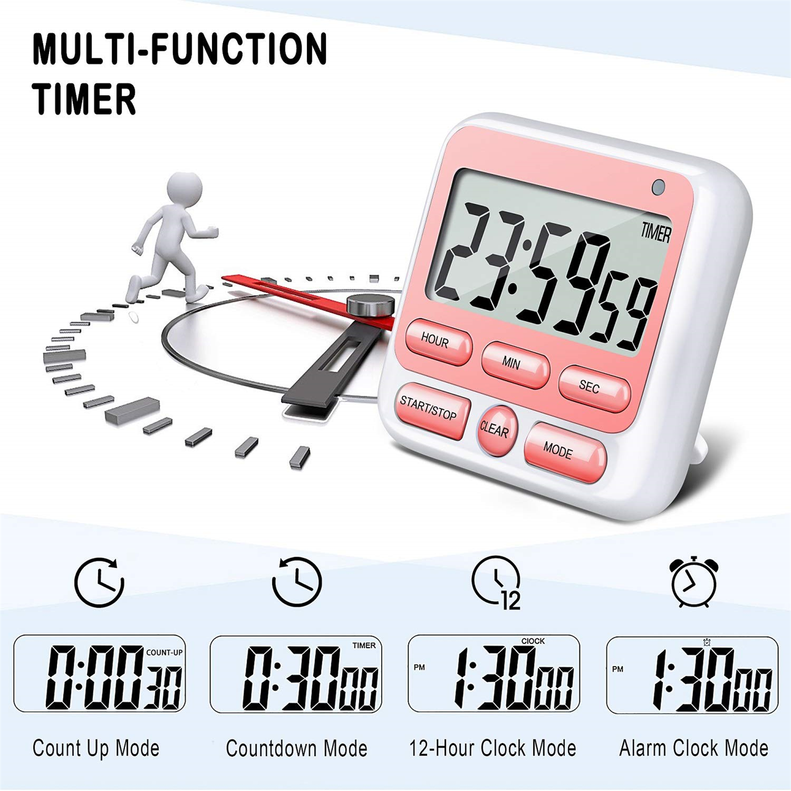 Weißer und rosafarbener Multifunktions-Timer mit verschiedenen Timer-Modi, die unten angezeigt werden.