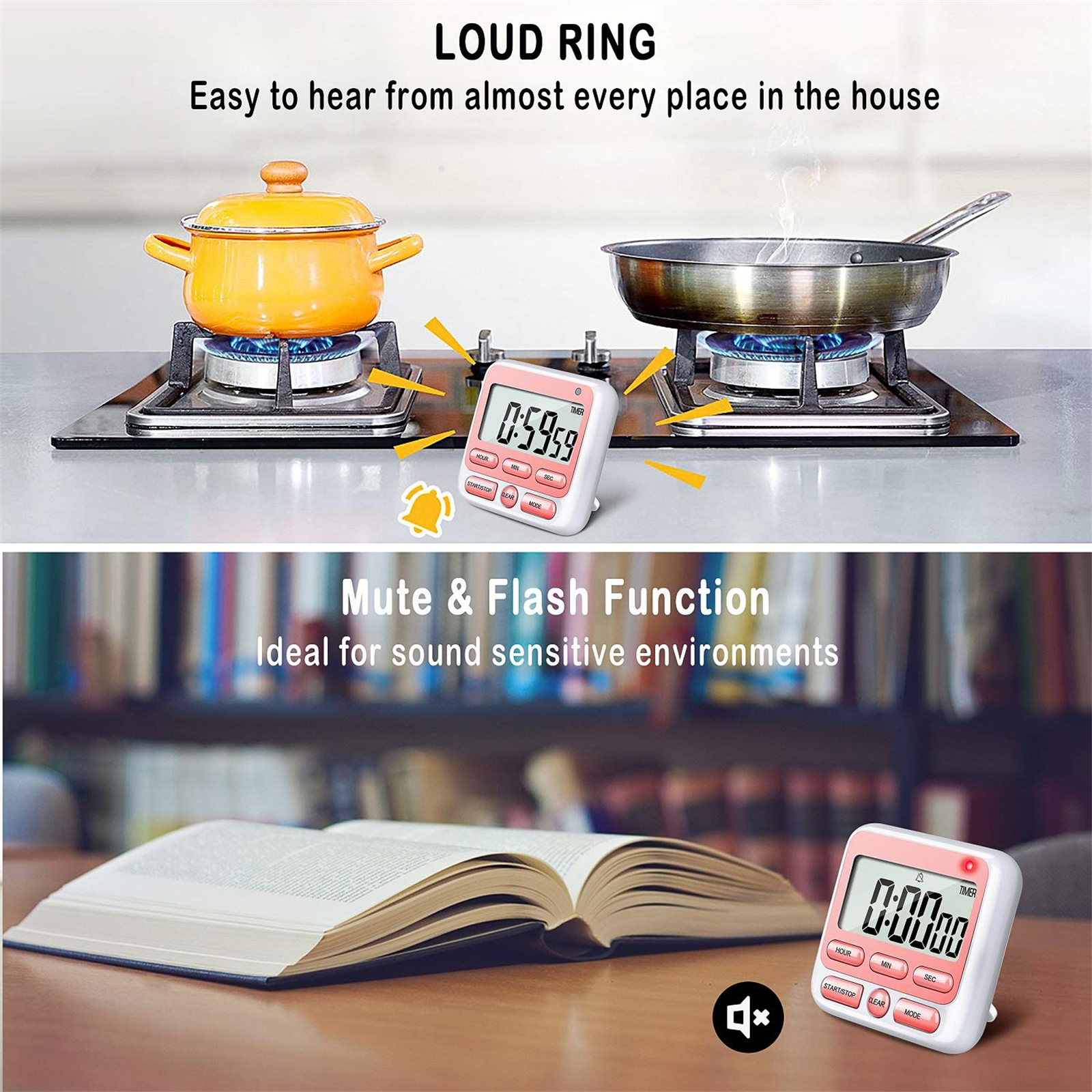Timer auf dem Herd. Ein rosa Timer und ein weißer. Offenes Buch.