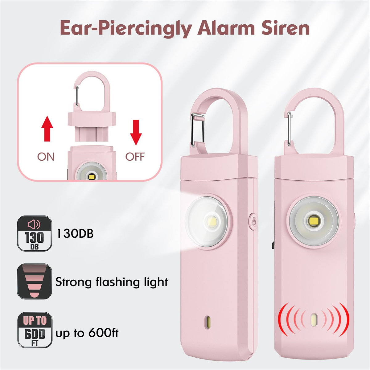 Ein rosa persönlicher Alarm mit Sirene. Text zeigt die Alarmfunktionen und den Schallpegel.
