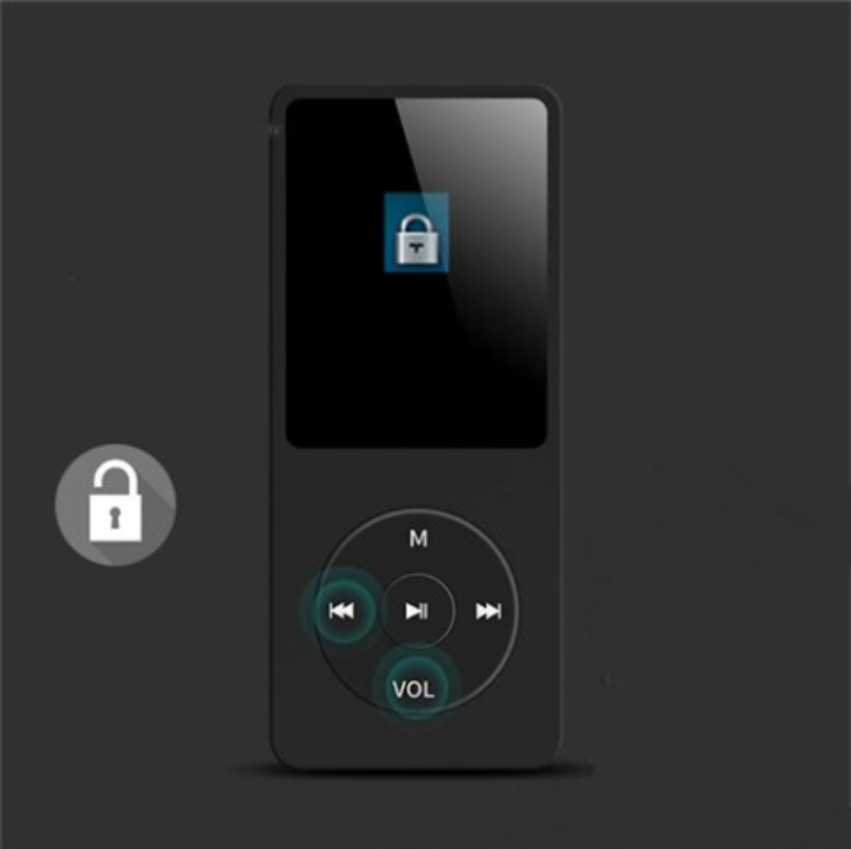 Schwarzer MP3-Player mit Display, das ein Schlosssymbol zeigt. Hat Steuertasten und einen dunklen Hintergrund.