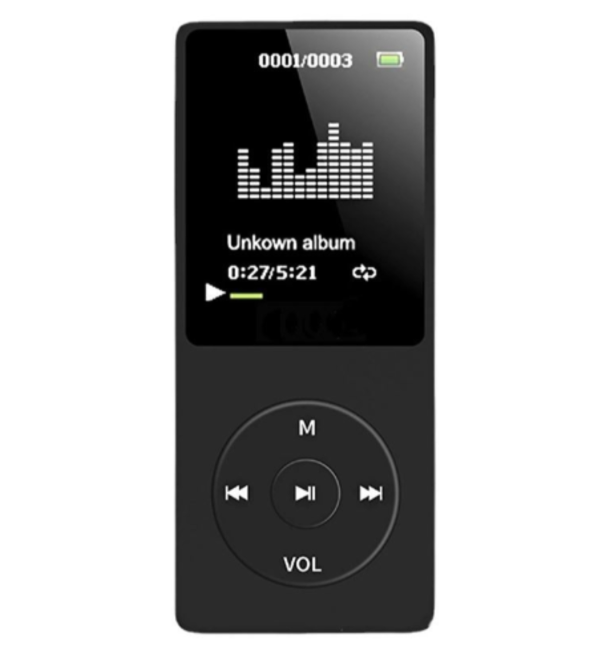 Schwarzer MP3-Player auf Weiß. Bildschirm zeigt Musikinfo. Tasten unter dem Bildschirm.