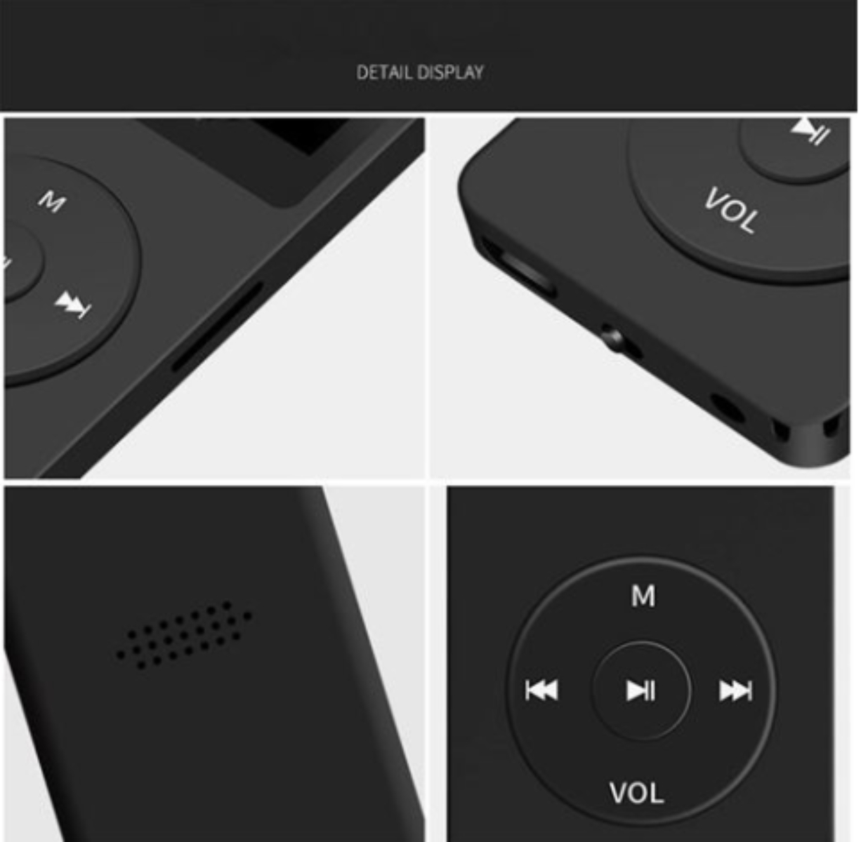 Nahaufnahme eines schwarzen MP3-Players mit Knöpfen, Anschlüssen und Details. Vier Bilder zeigen verschiedene Winkel.