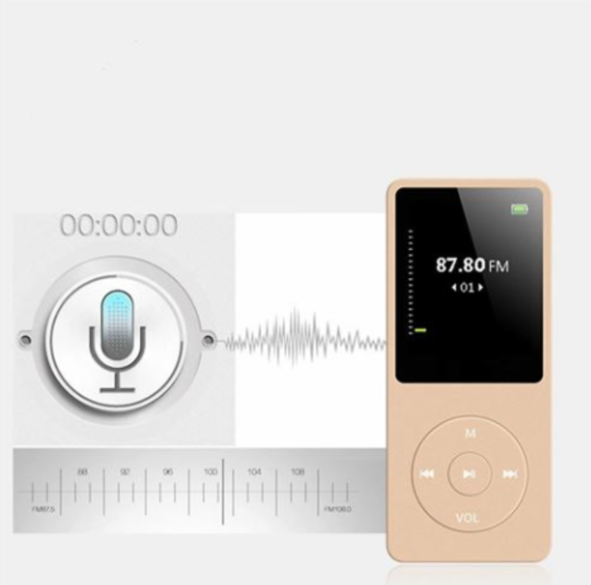 Ein goldfarbenes tragbares Radio mit Display, das 87,80 FM anzeigt, und einem Mikrofonsymbol.