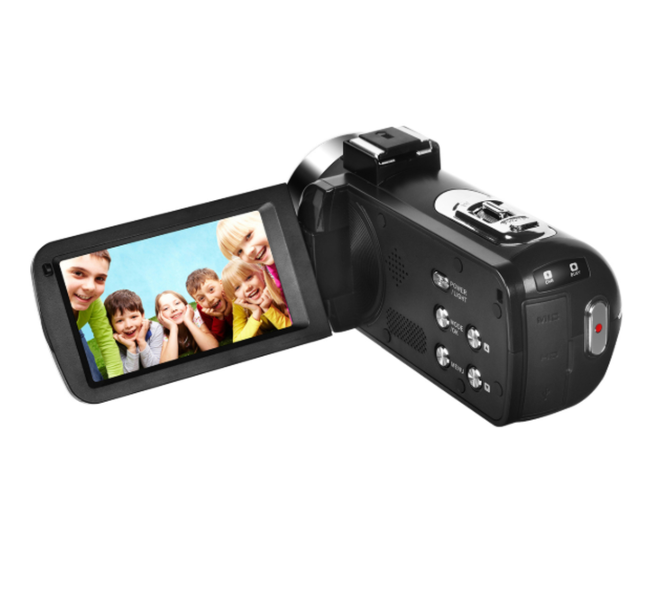 Camcorder, der ein Video von lächelnden Kindern auf seinem Bildschirm anzeigt.