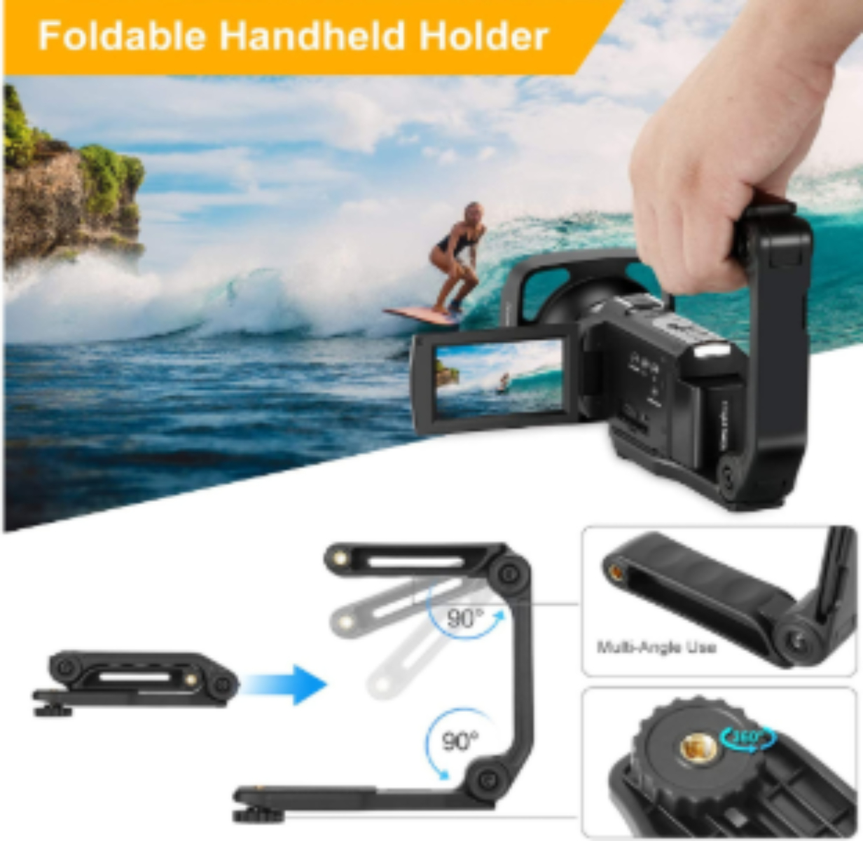 Handhalterung mit Kamera, Diagrammen und einer surfenden Person.