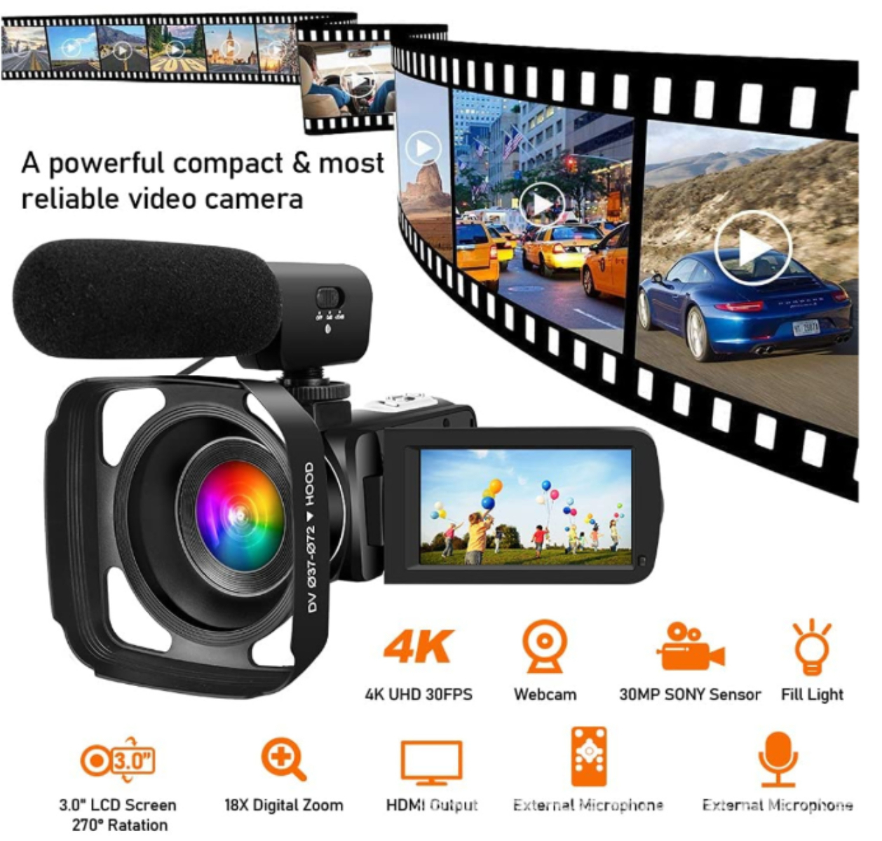 Schwarze Videokamera mit Mikrofon, LCD-Bildschirm und Filmstreifen.
