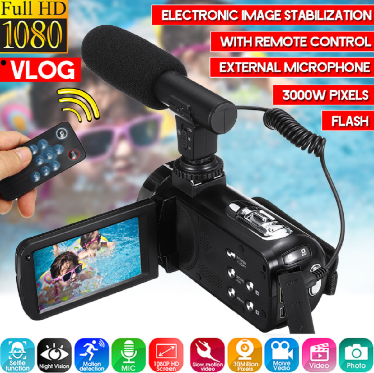 Schwarze Videokamera mit Bildschirm, Mikrofon und Fernbedienung. Text sagt 'Vlog' und 'Flash'.