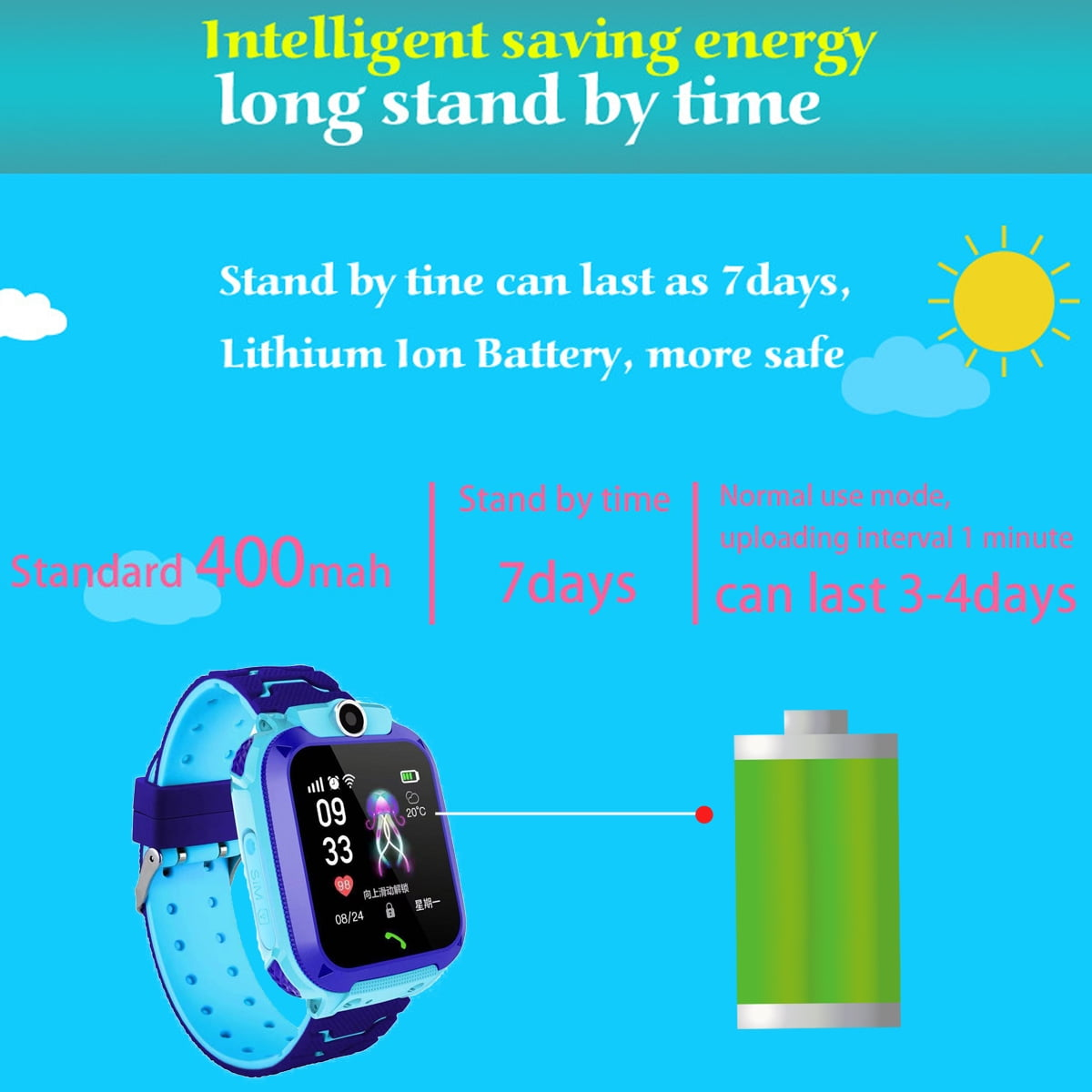 Eine blaue Smartwatch mit einem Display, das die Herzfrequenz und den Akkustand anzeigt, neben einem Akku.