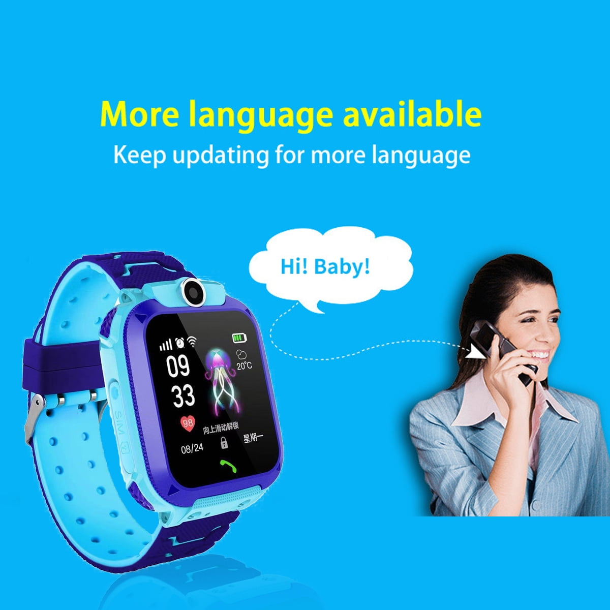 Smartwatch mit einer Frau, die telefoniert. Die Uhr zeigt eine Zeichentrick-Qualle an.