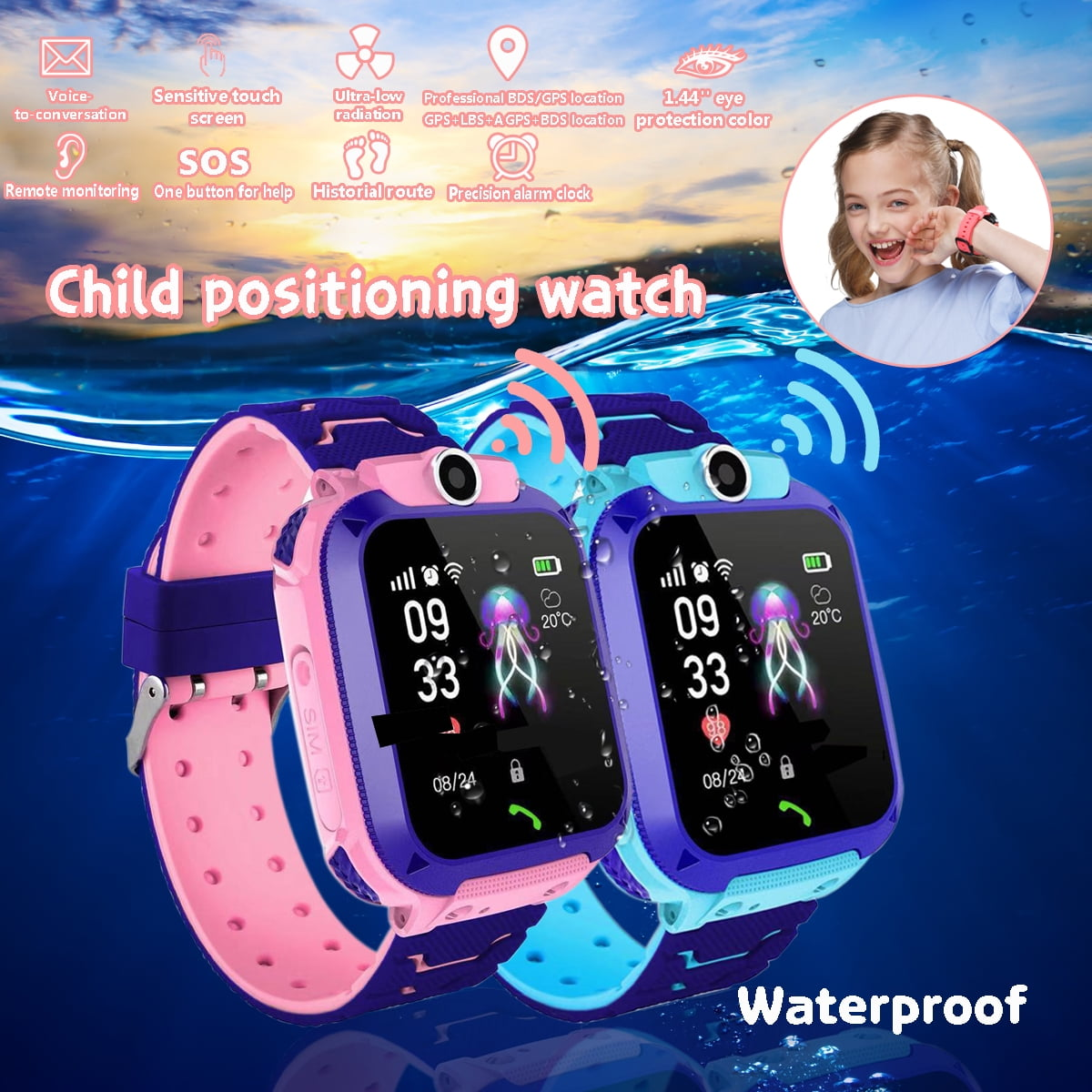 Zwei Smartwatches mit einem Mädchen im Hintergrund und Text über Funktionen.