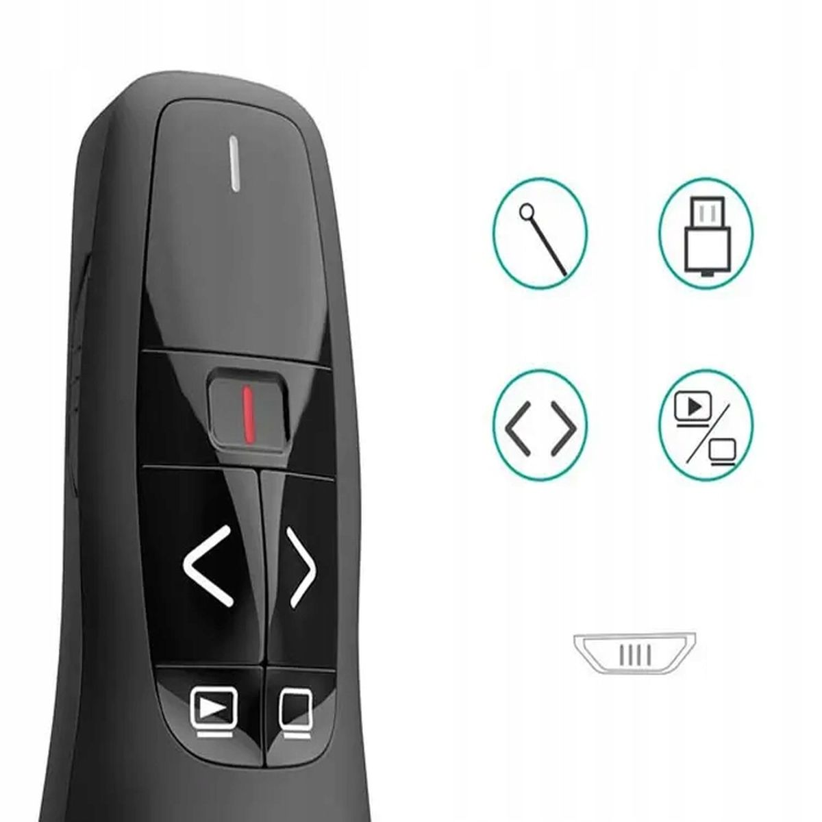 Czarny pilot z przyciskami i ikonami. Ikony do prezentacji po prawej stronie.